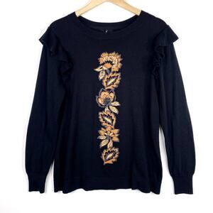 Jason Wu Intarsia Floral Sweater Womens M Black Ruffled Shoulders Autumn Leaves